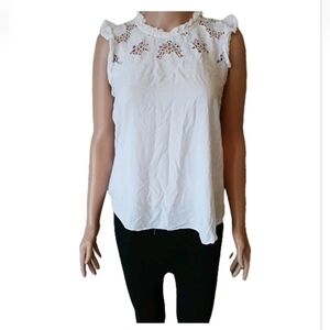 LOFT Sz M Top Blouse White Ruffle Lace Sleeveless Bottom Back Viscosa Pre-owned